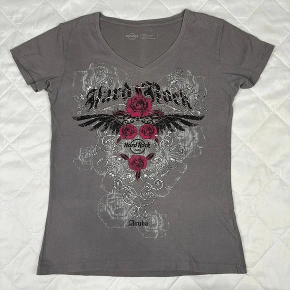 Hard Rock Cafe Aruba Womens Gray V-Neck Graphic T-Shirt Pink Roses Rhinestone S - Picture 10 of 10